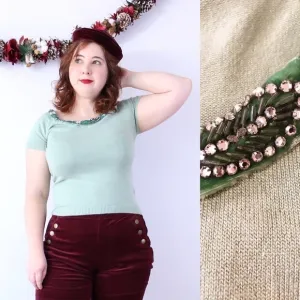 Anthropologie RARE Beaded Jewel Wide Neck Sweater Green by HWR