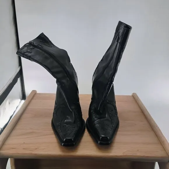 ANTONIO MELANI SZ 7M BlackTOOLED Leather ZIP UP MID CALF WOMEN BOOTS WS11-1
