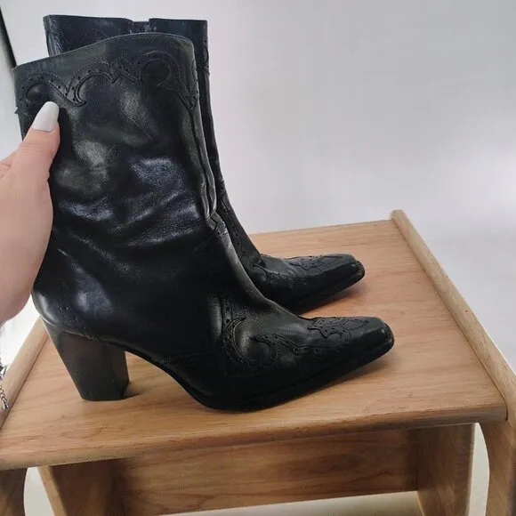 ANTONIO MELANI SZ 7M BlackTOOLED Leather ZIP UP MID CALF WOMEN BOOTS WS11-1