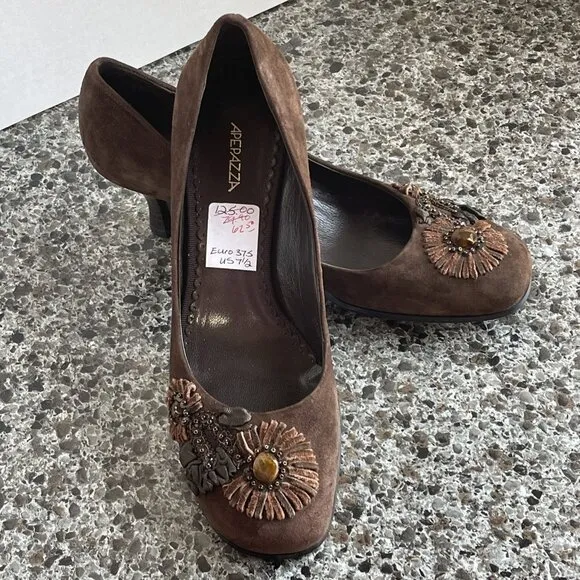 Apepazza Suede Leather Ribbon &amp; Beads Embroidered Shoes Floral Brown Size 37.5