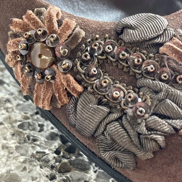 Apepazza Suede Leather Ribbon &amp; Beads Embroidered Shoes Floral Brown Size 37.5