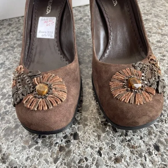 Apepazza Suede Leather Ribbon &amp; Beads Embroidered Shoes Floral Brown Size 37.5