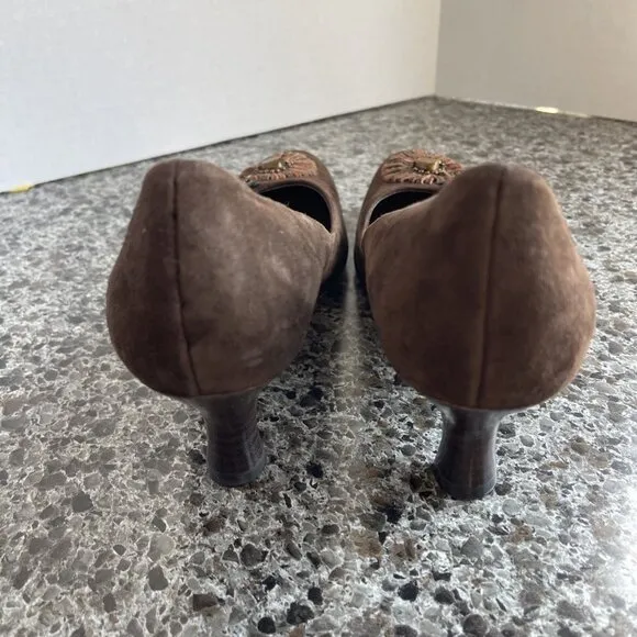 Apepazza Suede Leather Ribbon &amp; Beads Embroidered Shoes Floral Brown Size 37.5