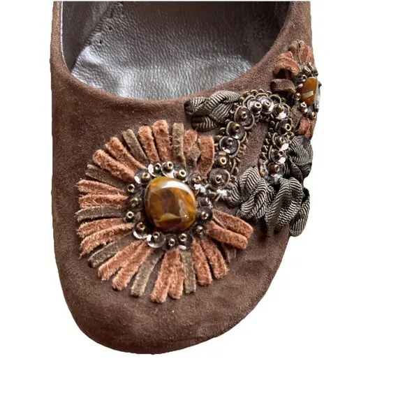 Apepazza Suede Leather Ribbon &amp; Beads Embroidered Shoes Floral Brown Size 37.5