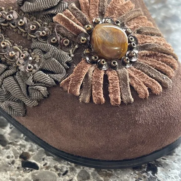 Apepazza Suede Leather Ribbon &amp; Beads Embroidered Shoes Floral Brown Size 37.5