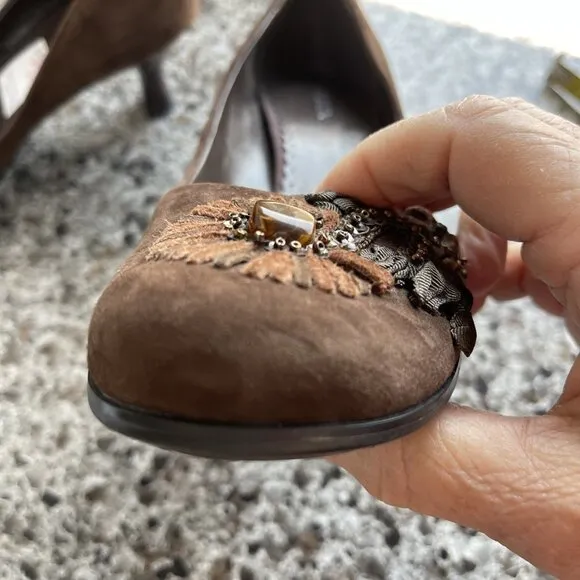 Apepazza Suede Leather Ribbon &amp; Beads Embroidered Shoes Floral Brown Size 37.5