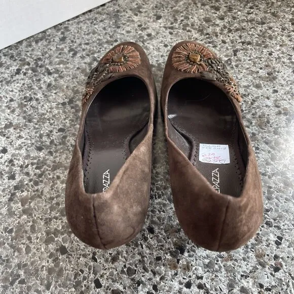 Apepazza Suede Leather Ribbon &amp; Beads Embroidered Shoes Floral Brown Size 37.5