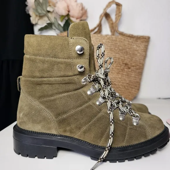 Aquatalia 6 1/2 Leia Olive Green Weather proof Lace Up Boots water proof suede