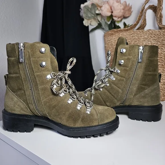 Aquatalia 6 1/2 Leia Olive Green Weather proof Lace Up Boots water proof suede