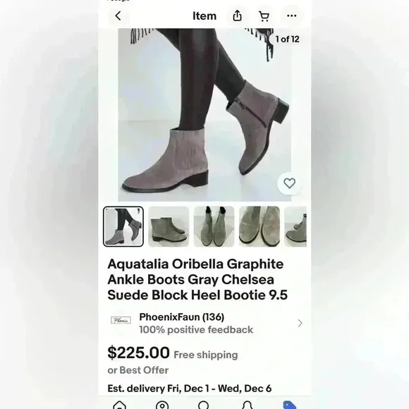 Aquatalia  Ankle Boots Gray Chelsea Suede Block Heel Bootie 9.5 Made In Italy.
