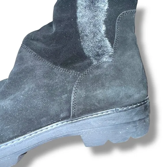 Aquatalia Black &amp; Grey Suede Faux Fur Pull-On Knee High Boots Sz 41 EU Ski Apres