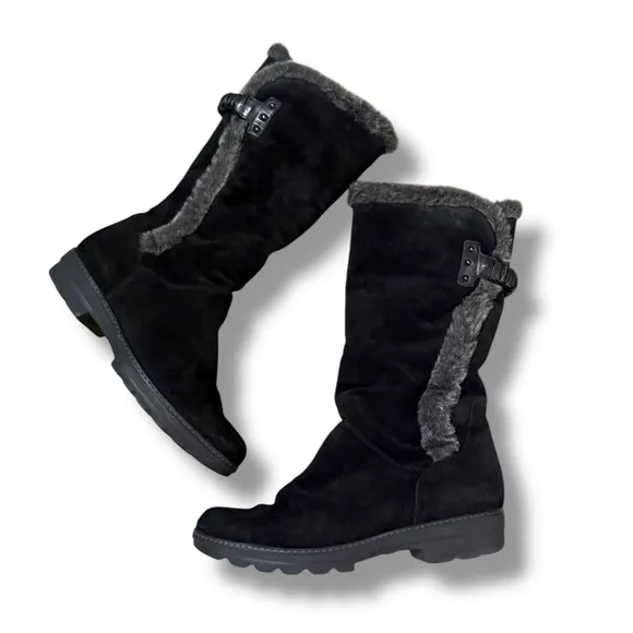 Aquatalia Black &amp; Grey Suede Faux Fur Pull-On Knee High Boots Sz 41 EU Ski Apres