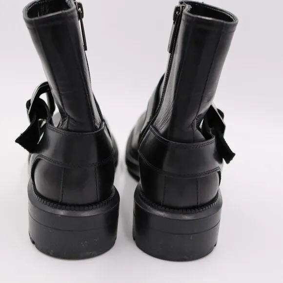 Aquatalia Black Leather Motorcycle Ankle Boots Silver Buckle Side Zip 6