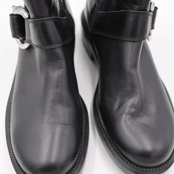 Aquatalia Black Leather Motorcycle Ankle Boots Silver Buckle Side Zip 6