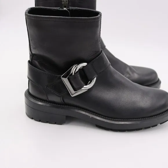 Aquatalia Black Leather Motorcycle Ankle Boots Silver Buckle Side Zip 6