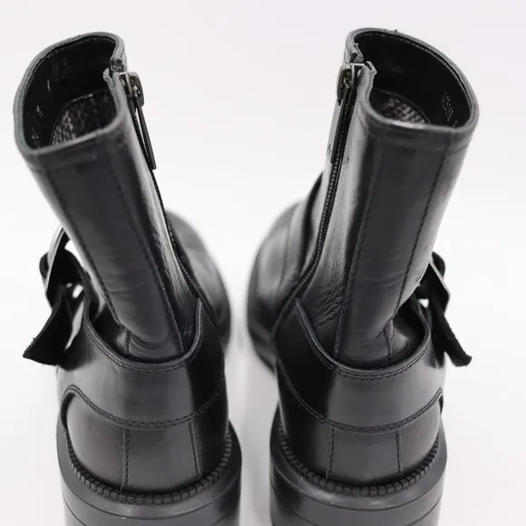 Aquatalia Black Leather Motorcycle Ankle Boots Silver Buckle Side Zip 6