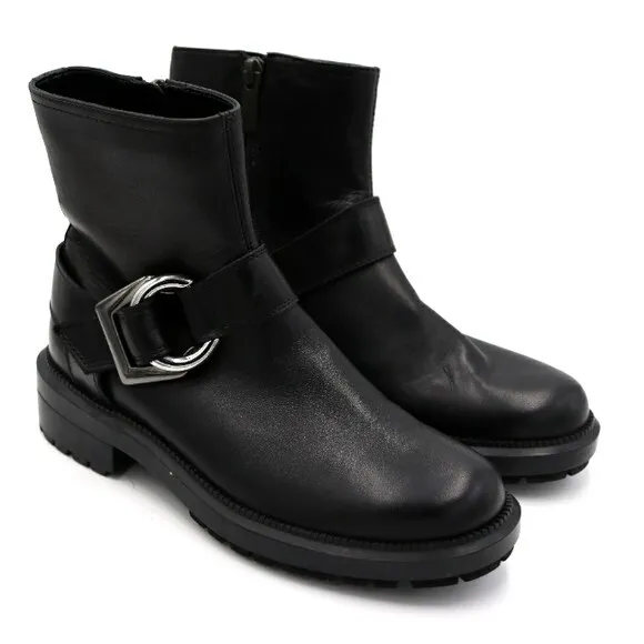 Aquatalia Black Leather Motorcycle Ankle Boots Silver Buckle Side Zip 6