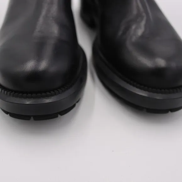 Aquatalia Black Leather Motorcycle Ankle Boots Silver Buckle Side Zip 6
