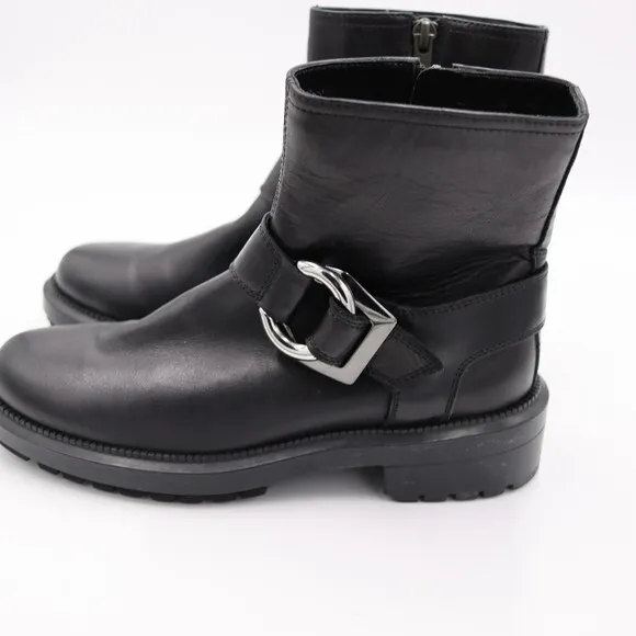 Aquatalia Black Leather Motorcycle Ankle Boots Silver Buckle Side Zip 6