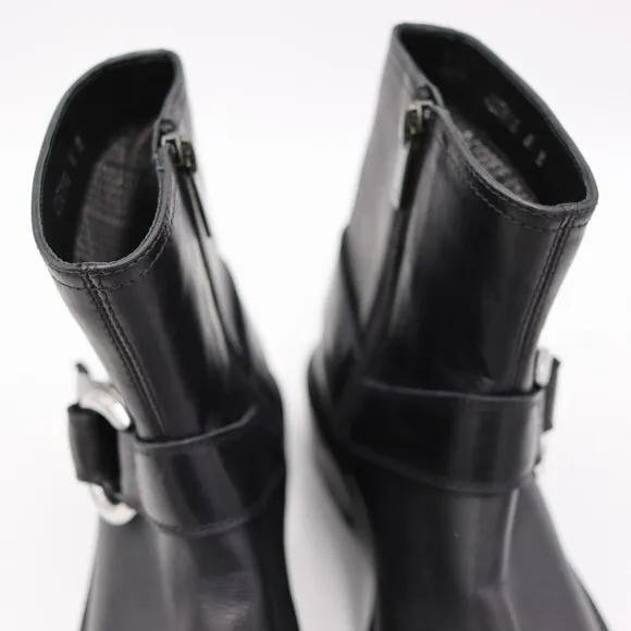 Aquatalia Black Leather Motorcycle Ankle Boots Silver Buckle Side Zip 6