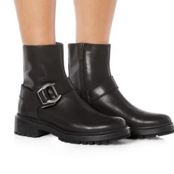 Aquatalia Black Leather Motorcycle Ankle Boots Silver Buckle Side Zip 6