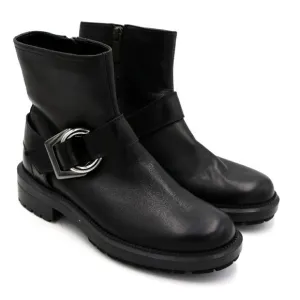 Aquatalia Black Leather Motorcycle Ankle Boots Silver Buckle Side Zip 6