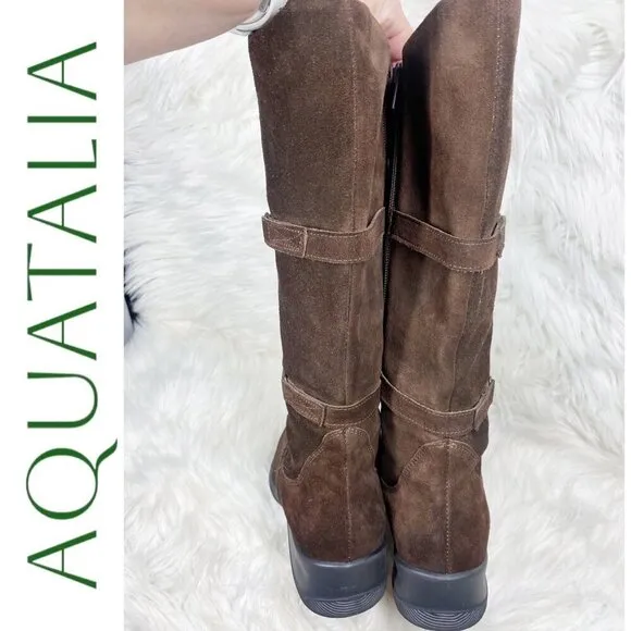 AQUATALIA Brown Suede Tall Wedge Knee Boots, Size 38