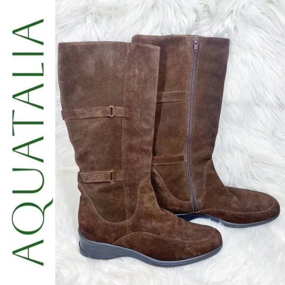 AQUATALIA Brown Suede Tall Wedge Knee Boots, Size 38