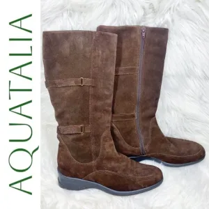 AQUATALIA Brown Suede Tall Wedge Knee Boots, Size 38