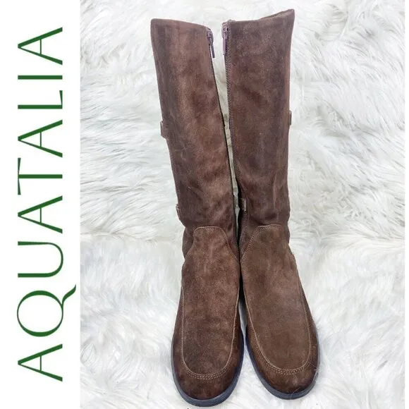 AQUATALIA Brown Suede Tall Wedge Knee Boots, Size 38