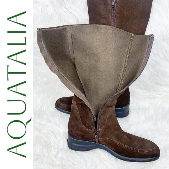 AQUATALIA Brown Suede Tall Wedge Knee Boots, Size 38