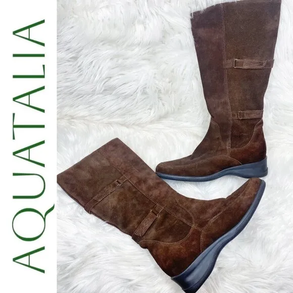 AQUATALIA Brown Suede Tall Wedge Knee Boots, Size 38