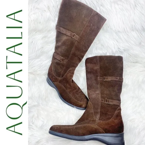 AQUATALIA Brown Suede Tall Wedge Knee Boots, Size 38