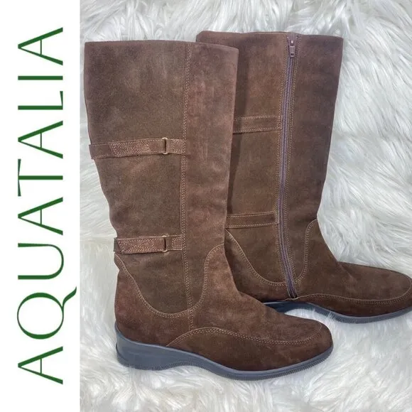 AQUATALIA Brown Suede Tall Wedge Knee Boots, Size 38