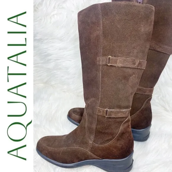 AQUATALIA Brown Suede Tall Wedge Knee Boots, Size 38