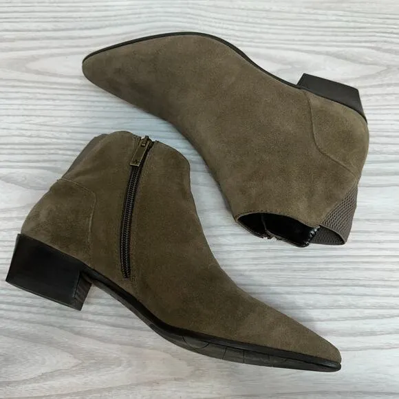 Aquatalia Franca Bootie SZ 8.5 Pointed Toe Zip Ankle Taupe Tan Suede Waterproof