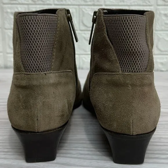 Aquatalia Franca Bootie SZ 8.5 Pointed Toe Zip Ankle Taupe Tan Suede Waterproof