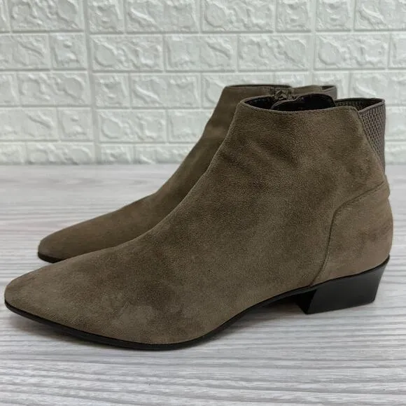 Aquatalia Franca Bootie SZ 8.5 Pointed Toe Zip Ankle Taupe Tan Suede Waterproof