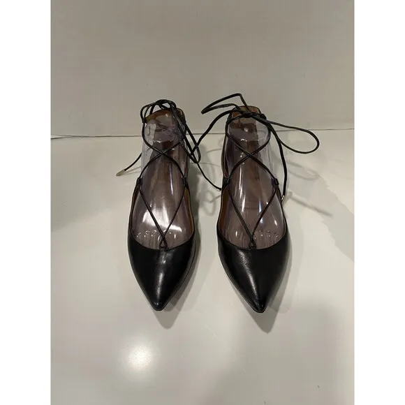 Aquazzura Firenze Christy Leather Black Ballet Flats Point Toe Size 38