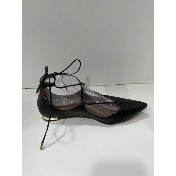 Aquazzura Firenze Christy Leather Black Ballet Flats Point Toe Size 38