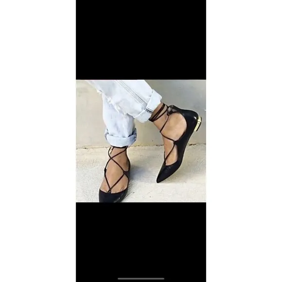 Aquazzura Firenze Christy Leather Black Ballet Flats Point Toe Size 38