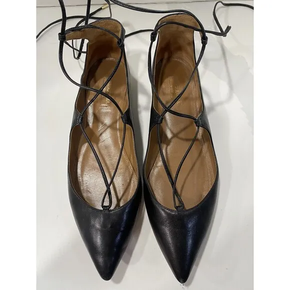 Aquazzura Firenze Christy Leather Black Ballet Flats Point Toe Size 38