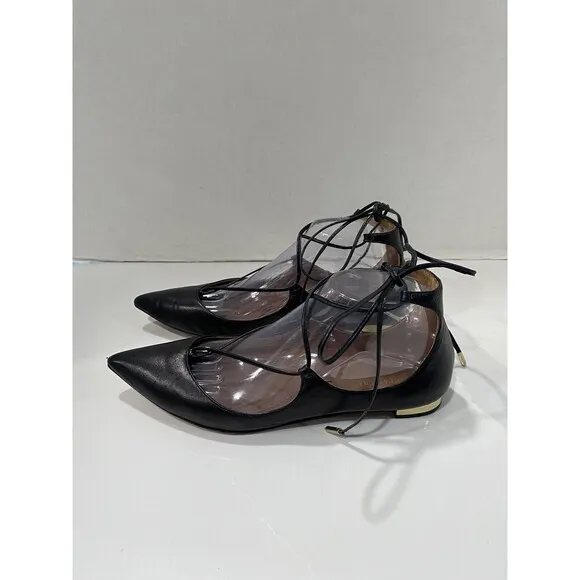 Aquazzura Firenze Christy Leather Black Ballet Flats Point Toe Size 38