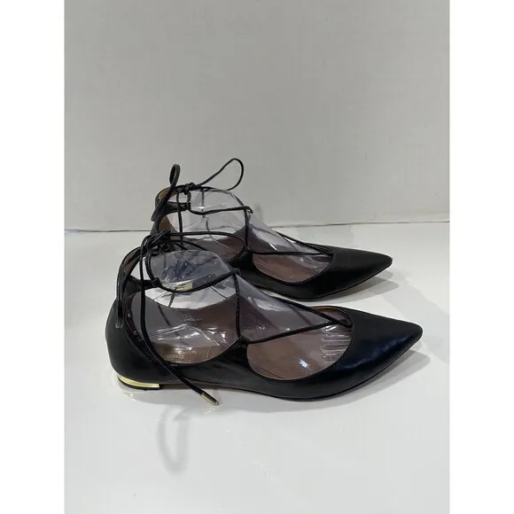 Aquazzura Firenze Christy Leather Black Ballet Flats Point Toe Size 38