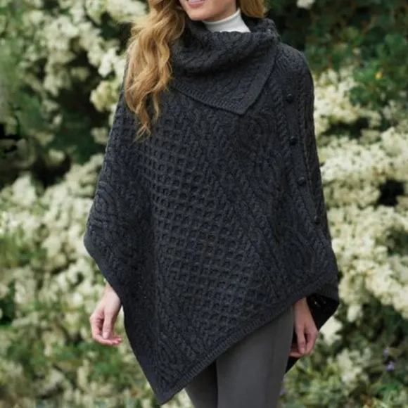 Aran Crafts Irish Merino Wool Cable &amp; Honeycomb Knit Button Poncho in Black M/L