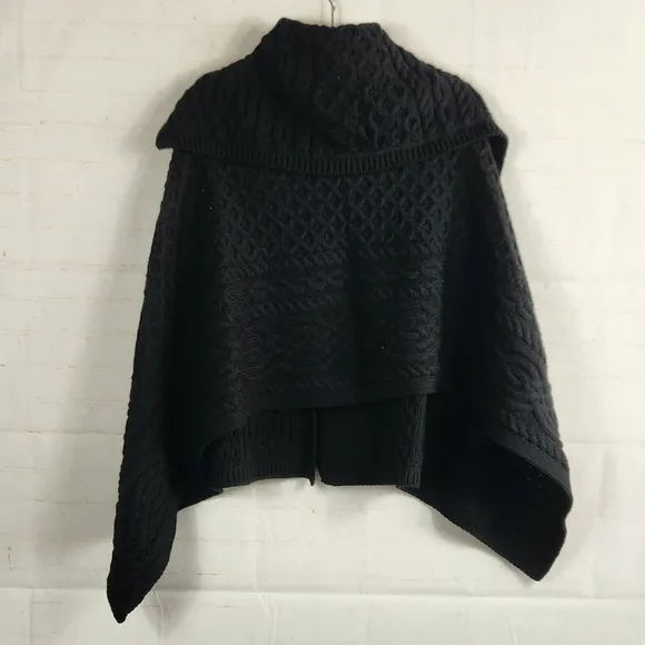Aran Crafts Irish Merino Wool Cable &amp; Honeycomb Knit Button Poncho in Black M/L