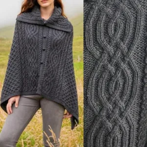 Aran Crafts Irish Merino Wool Cable &amp; Honeycomb Knit Button Poncho in Black M/L