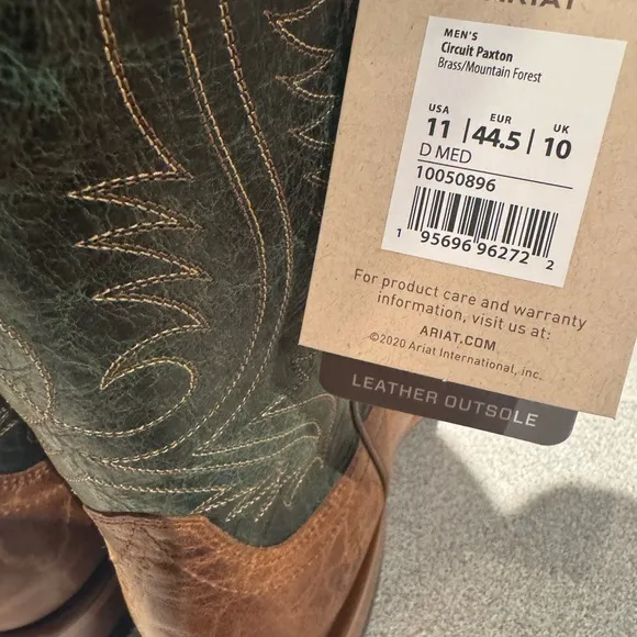 Ariat Brown and Green Cowboy Boots with Decorative Stitching