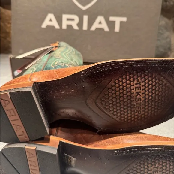 Ariat Brown and Green Cowboy Boots with Decorative Stitching