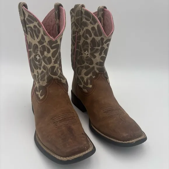 Ariat Brown and Pink Western Boots with Giraffe Print